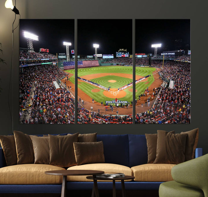 The Fenway Park Wall Art Canvas Print showcases a stunning aerial view of Bostons iconic ballpark at night, making it an ideal piece for any Red Sox enthusiast.