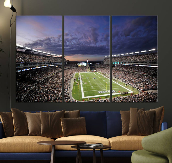 A large New England Patriots Foxborough Gillette Stadium wall art canvas print at sunset.