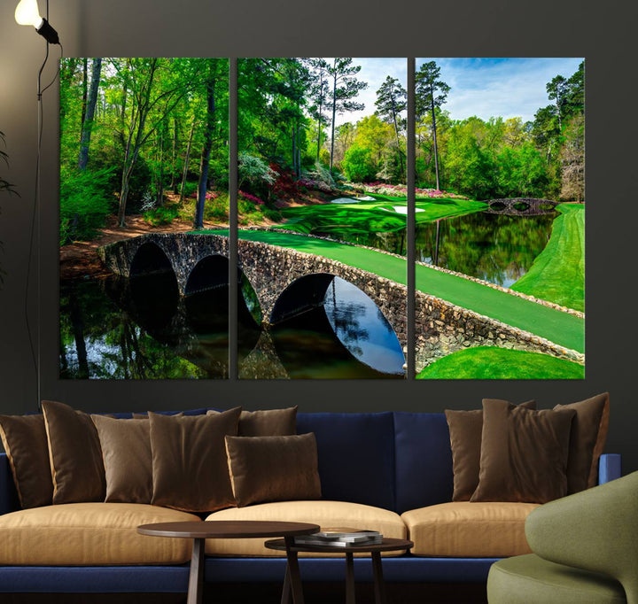 The wall art from Augusta National Golf Club showcases a panoramic bridge set against rich, lush greenery on a framed triptych canvas.