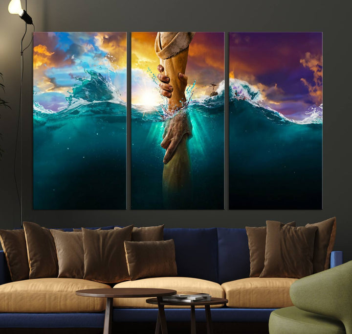 The God Hand Wall Art Canvas Print depicts hands reaching through water against a vibrant sky.