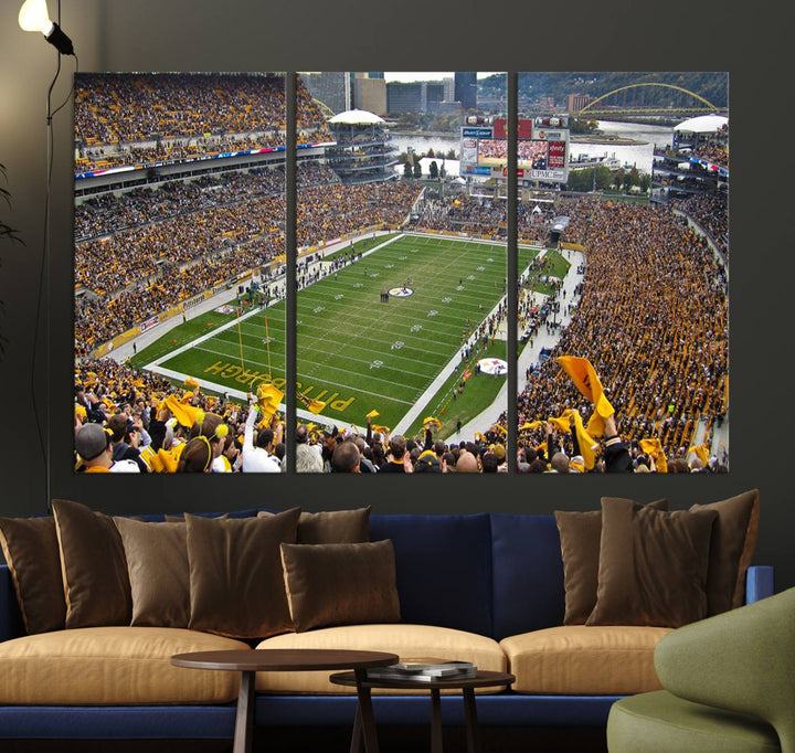 Heinz Field wall art and a cityscape serve as the backdrop.