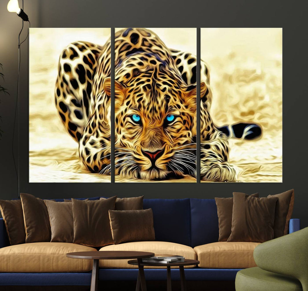 The Blue-Eyed Leopard Canvas Wall Art features a fierce and captivating design, perfect for wildlife enthusiasts. Its bold imagery makes it a striking decor piece, ready to hang.