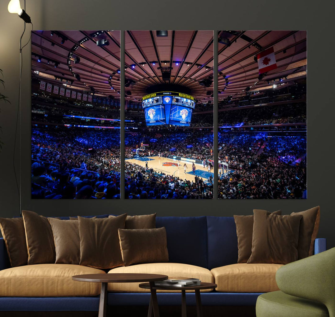 A print depicting an NBA game at Madison Square Garden, highlighting the scoreboard.