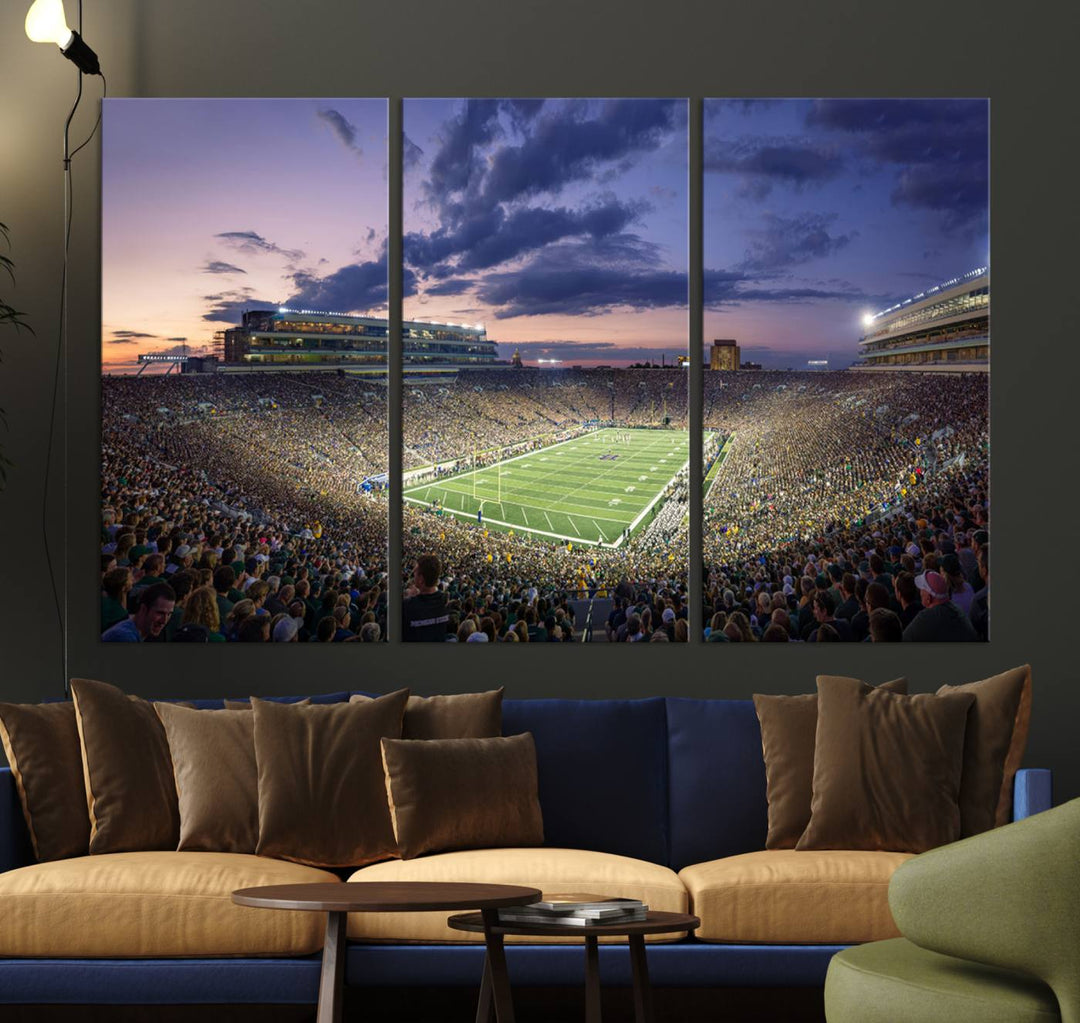 As the sun sets, a stunning backdrop highlights the Notre Dame Fighting Irish Football Team Print.