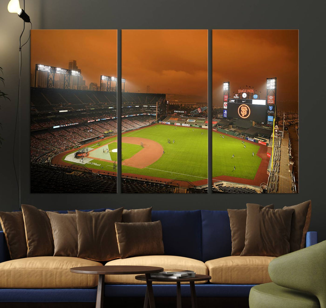 A canvas depicting an Oracle Park game with an orange sky, from SF Giants Stadium Wall Art.