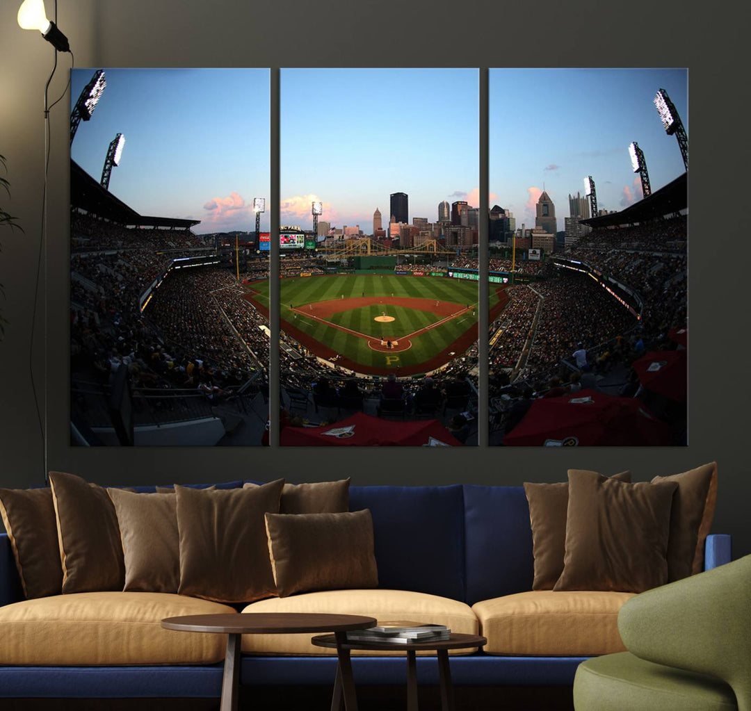 The PNC Park Evening Game Canvas, featuring a skyline backdrop, is displayed on the wall.