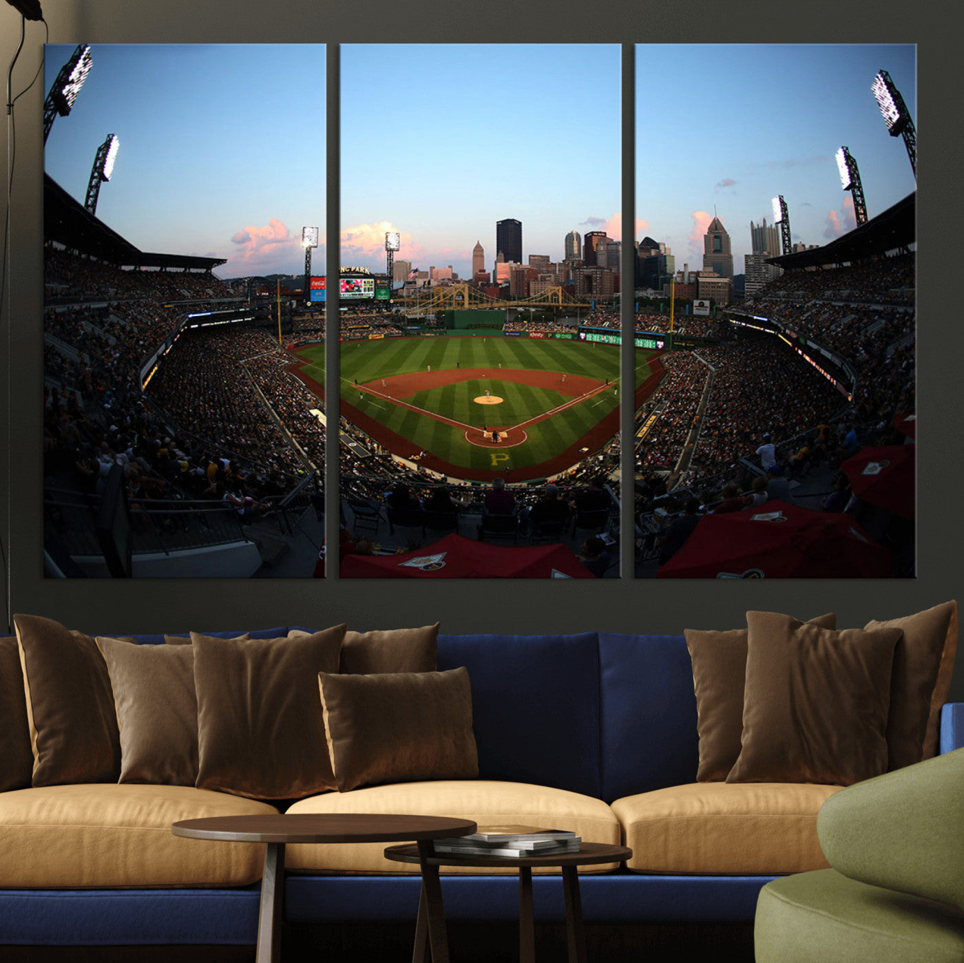 MGV-CV-48X32-3P - PNC Park Evening Game Triple Canvas Wall Art - Pittsburgh Pirates MLB Match - PNC Park Stadium Wall Art Canvas Print
