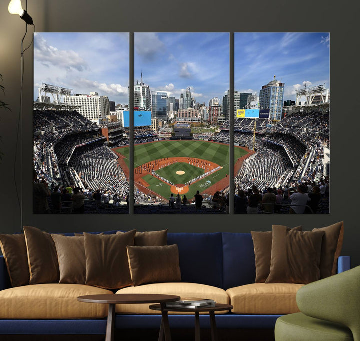 The San Diego Padres Baseball Canvas Print of Petco Park enhances the modern kitchen-dining area.