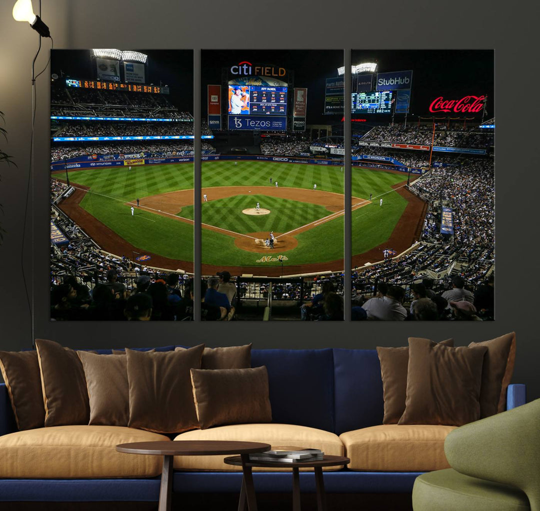 A print of the Oakland Athletics game at RingCentral Coliseum hangs on the wall.