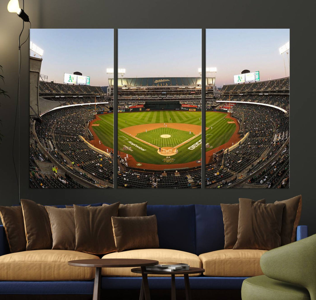 Oakland Athletics wall art canvas featuring the interior of RingCentral Coliseum Stadium.