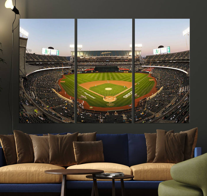 Oakland Athletics wall art canvas featuring the interior of RingCentral Coliseum Stadium.