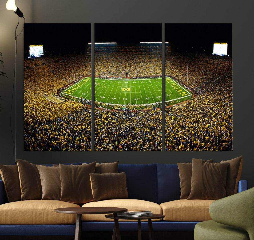 Aerial view of Michigan Stadium night game, ideal for Michigan Wolverines Football Team displayed on a triple canvas wall art.