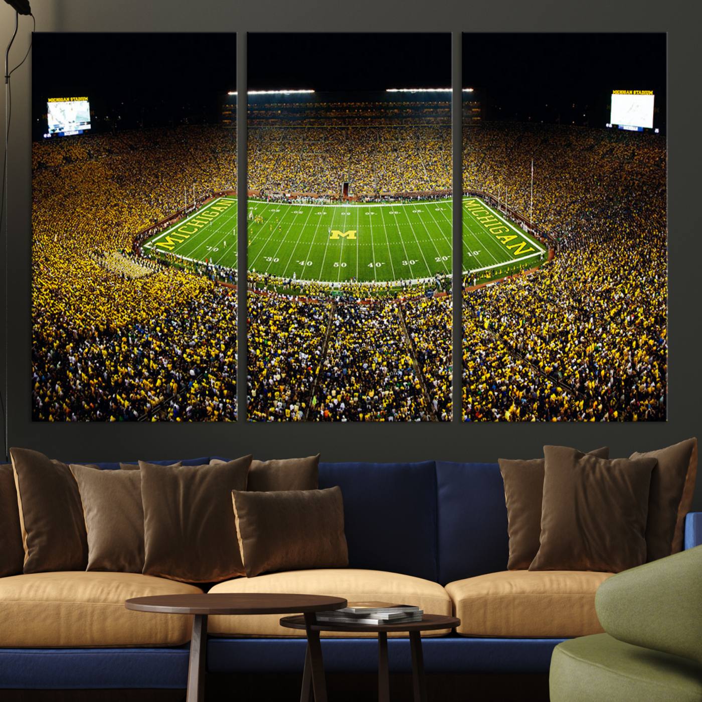 26166-MGV-CV-36X24-Stadium in Michigan Wall Art Canvas Print, Framed American Football Stadium Art Picture Print, Football Stadium Field Perfect Sports Room Decor Artwork