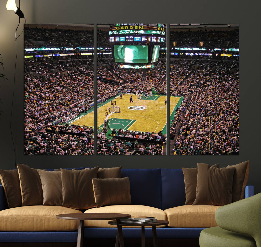 A vibrant depiction of a TD Garden basketball game is beautifully captured in the Boston Celtics Triple Canvas Wall Art, which comes framed and ready to hang.