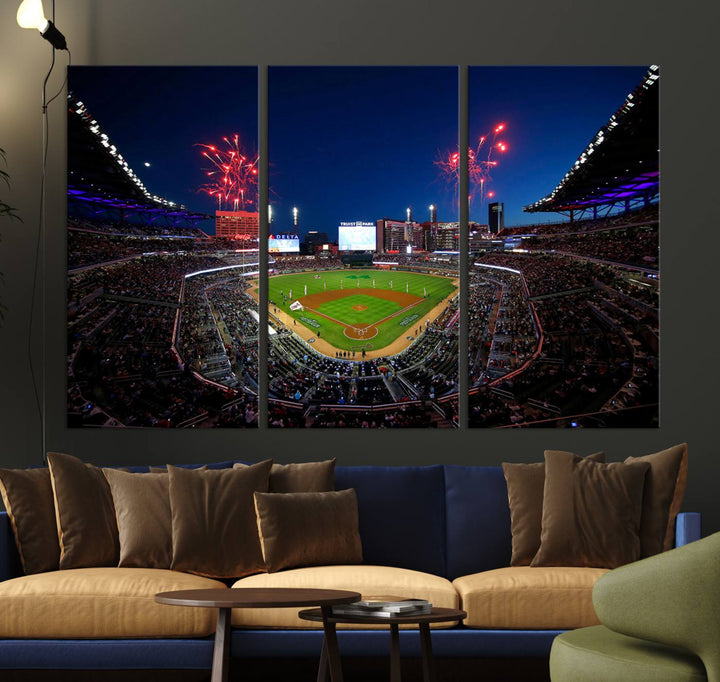 Truist Park wall art: fireworks over a Braves crowd, a large 3-panel canvas, framed and ready-to-hang.