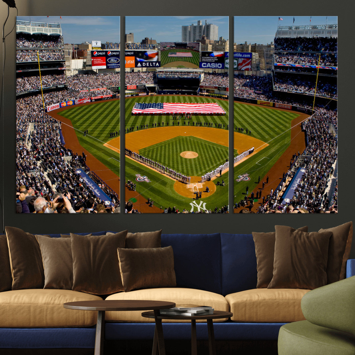 MGV-CV-48X32-3P - Yankee Stadium New York Wall Art Print | 3-Panel Canvas Print of Yankees Baseball Stadium | Large Framed Wall Decor for Baseball Fans | Ready-to-Hang