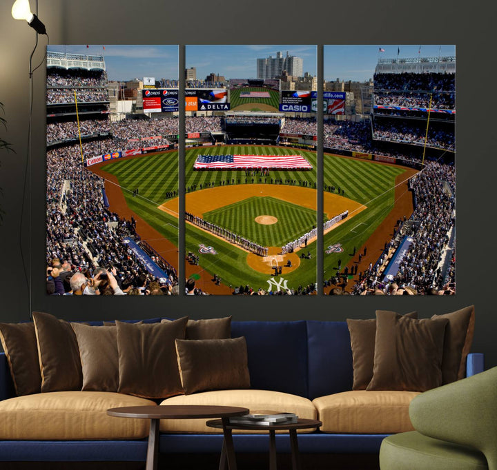 The Yankee Stadium New York wall art print features a vibrant scene of baseball fans with a large flag and players, expertly capturing the spirit of the game. This ready-to-hang décor is perfect for adding a dynamic touch to any space.