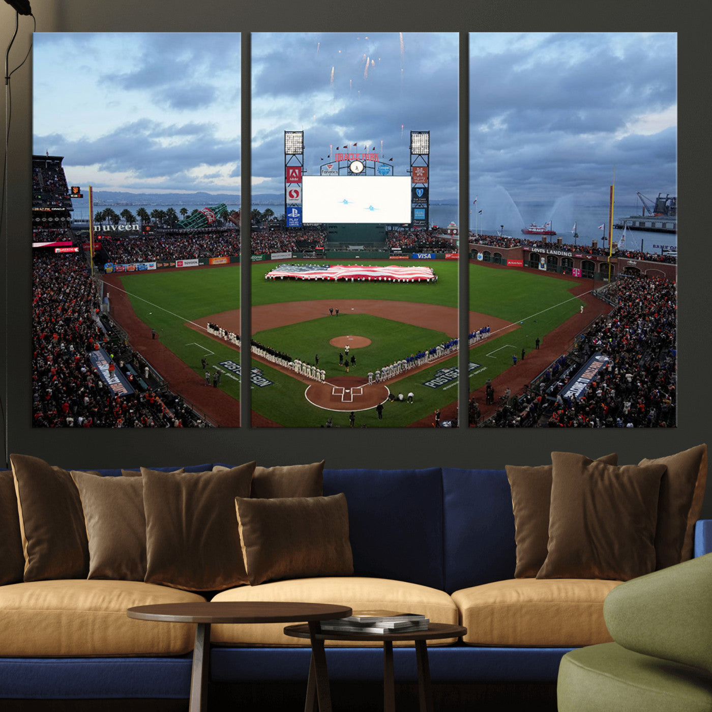 MGV-CV-48X32-3P - Oracle Park San Francisco Giants Wall Art | 3-Panel Canvas Print of Oracle Park Stadium | Large Framed Baseball Wall Decor | Ready-to-Hang MLB Canvas Print