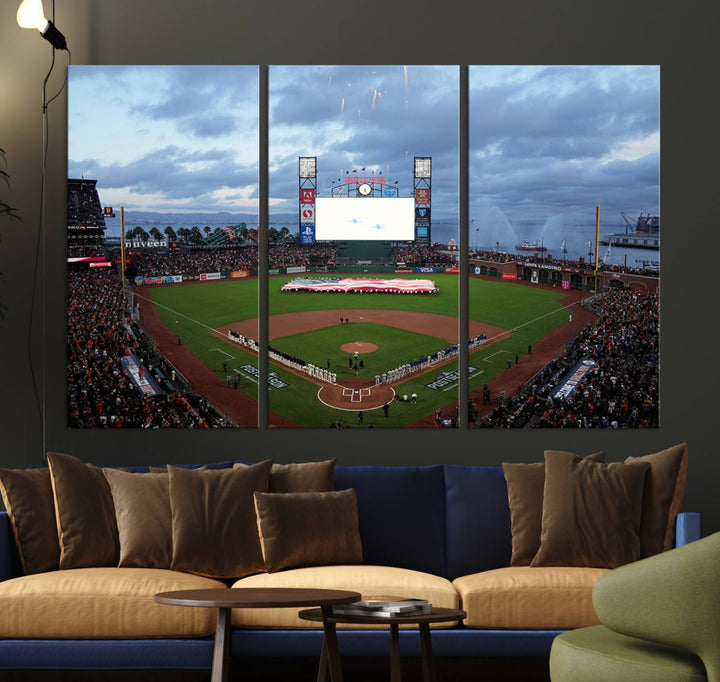 This framed 3-panel canvas MLB wall art features a giant flag and fans under a cloudy sky at Oracle Park.