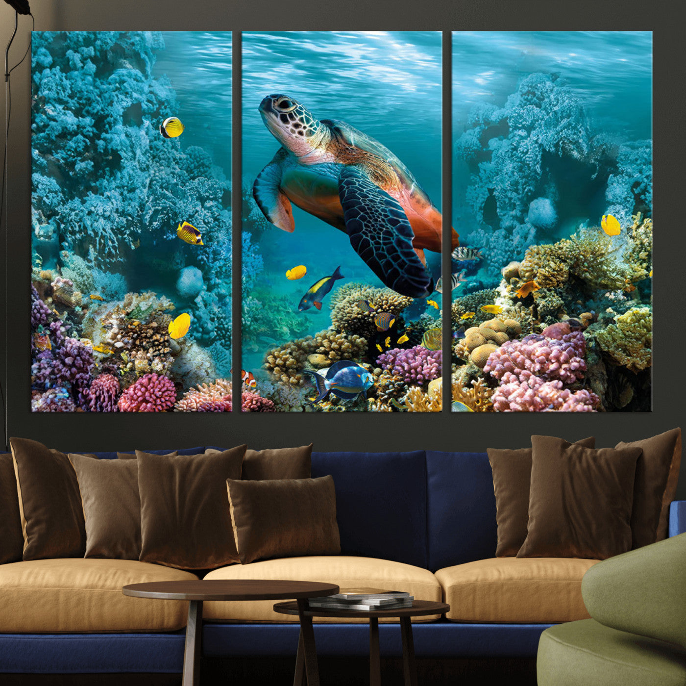 MGV-CV-48X32-3P - Sea Turtle and Coral Reef Triptych Wall Art – Vibrant Underwater Scene Canvas Set for Ocean Lovers and Coastal Decor – Ready to Hang 3-Panel Artwork