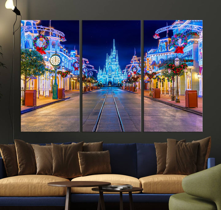 Disney wall art featuring a fantasy castle street at night.