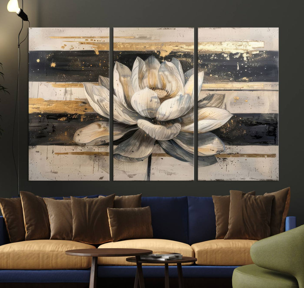 The wall is adorned with an Abstract Lotus Flower Wall Art Canvas Print.