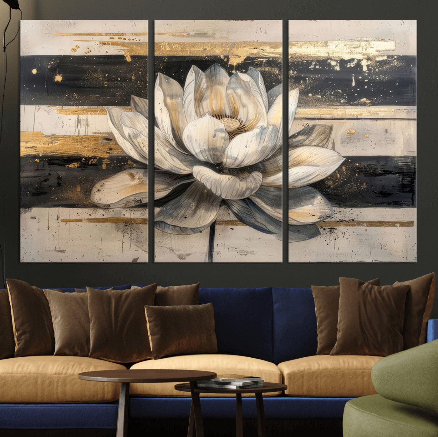 MGV-CV-48X32-3P - Lotus Flower Wall Art Canvas Print, Framed Abstract Lotus Art Picture Print, White Lotus Flower Perfect Abstract Floral Decor Artwork