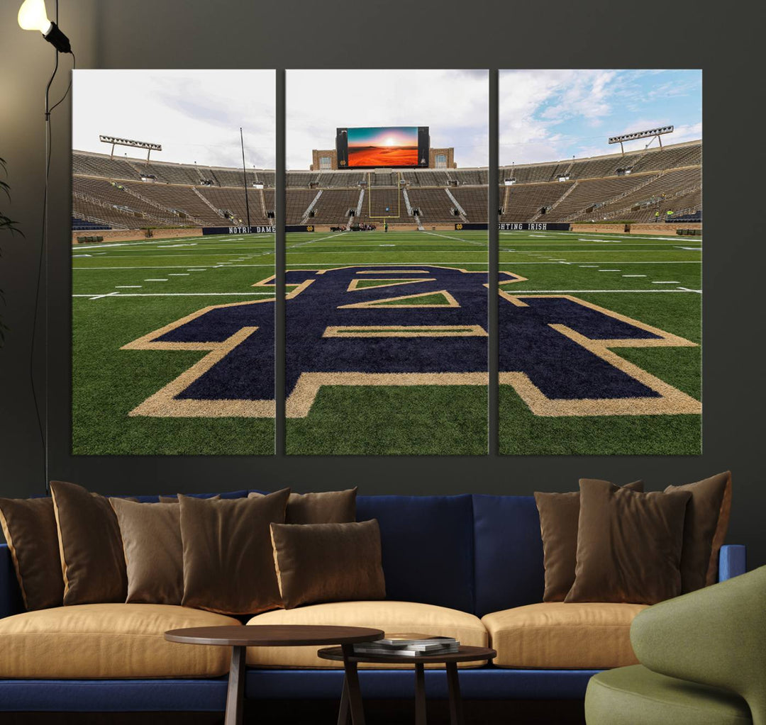 Notre Dame Stadium Triptych: This ready-to-hang giclee canvas print features a vibrant depiction of the football field adorned with an A logo and a stunning sunset.