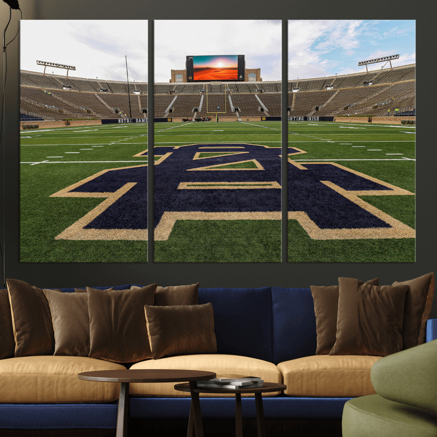 MGV-CV-48X32-3P - Notre Dame Stadium Giclee Canvas Print | Triptych Wall Art Featuring Iconic Notre Dame Football Field | Ready-to-Hang Sports Stadium Decor