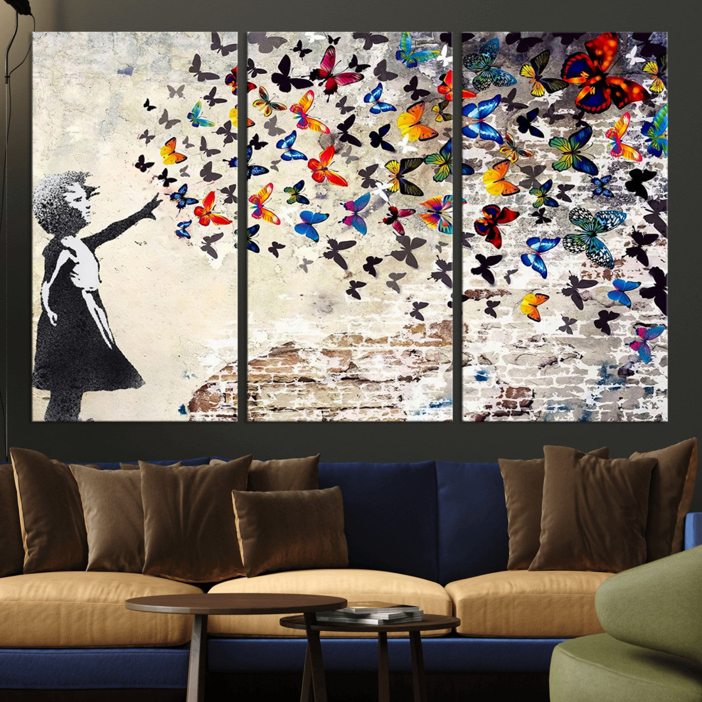 MGV-CV-48X32-3P - Banksy Graffiti Wall Art Canvas Print: Girl Releasing Vibrant Butterflies – Ready to Hang