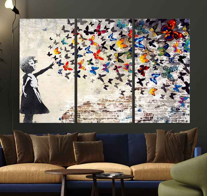 Banksy Canvas: Girl Releasing Vibrant Butterflies, Ready to Hang.