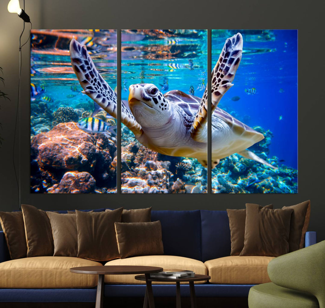 The Underwater Sea Turtle Wall Art Canvas Print serves as vibrant ocean décor, enhancing the kitchen with its stunning depiction.