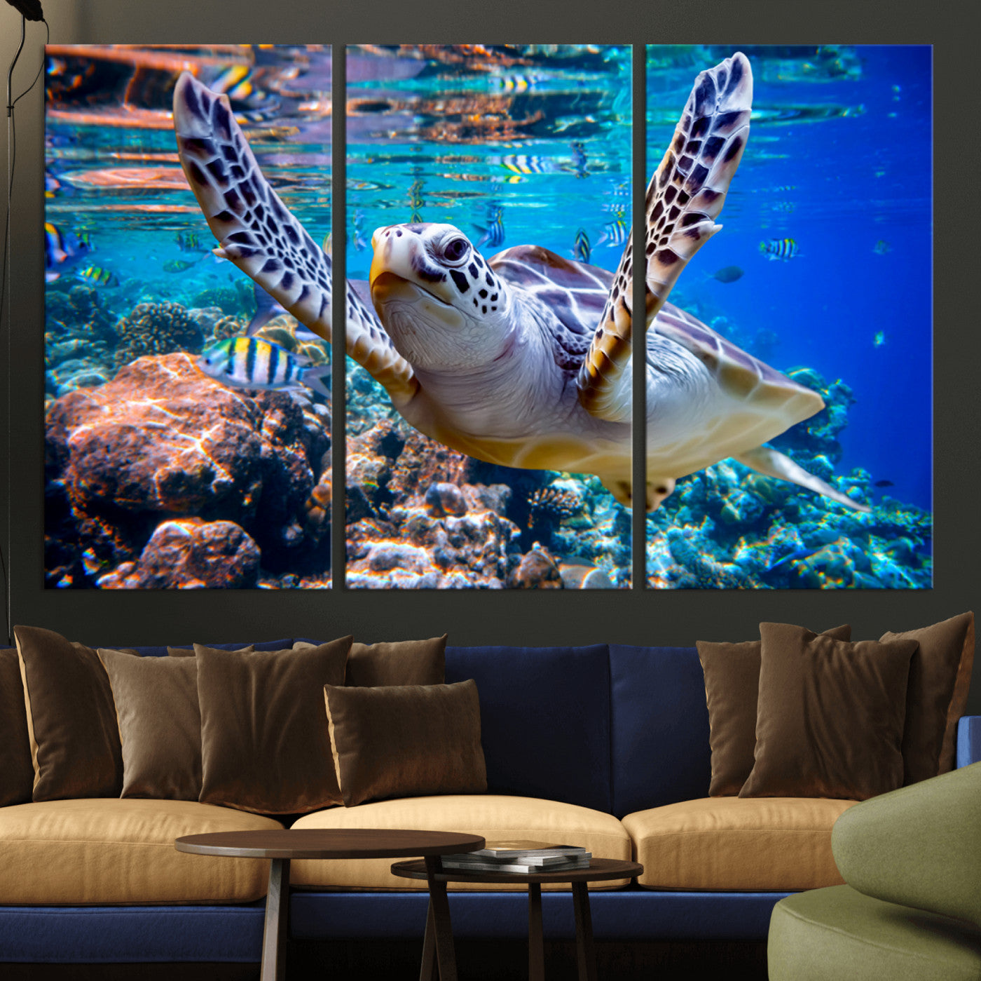 MGV-CV-48X32-3P - Underwater Sea Turtle Wall Art Canvas Print – Vibrant Ocean Coral Reef Décor, Ready to Hang