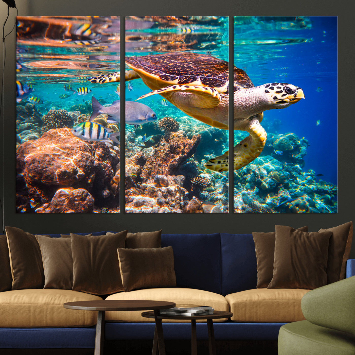 MGV-CV-48X32-3P - Sea Turtle Wall Art Canvas Print – Vibrant Ocean Coral Reef Décor, Ready to Hang
