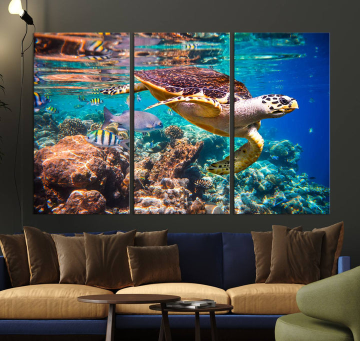 A Sea Turtle Wall Art Canvas Print features a colorful turtle swimming among coral. This artwork is ready to hang.