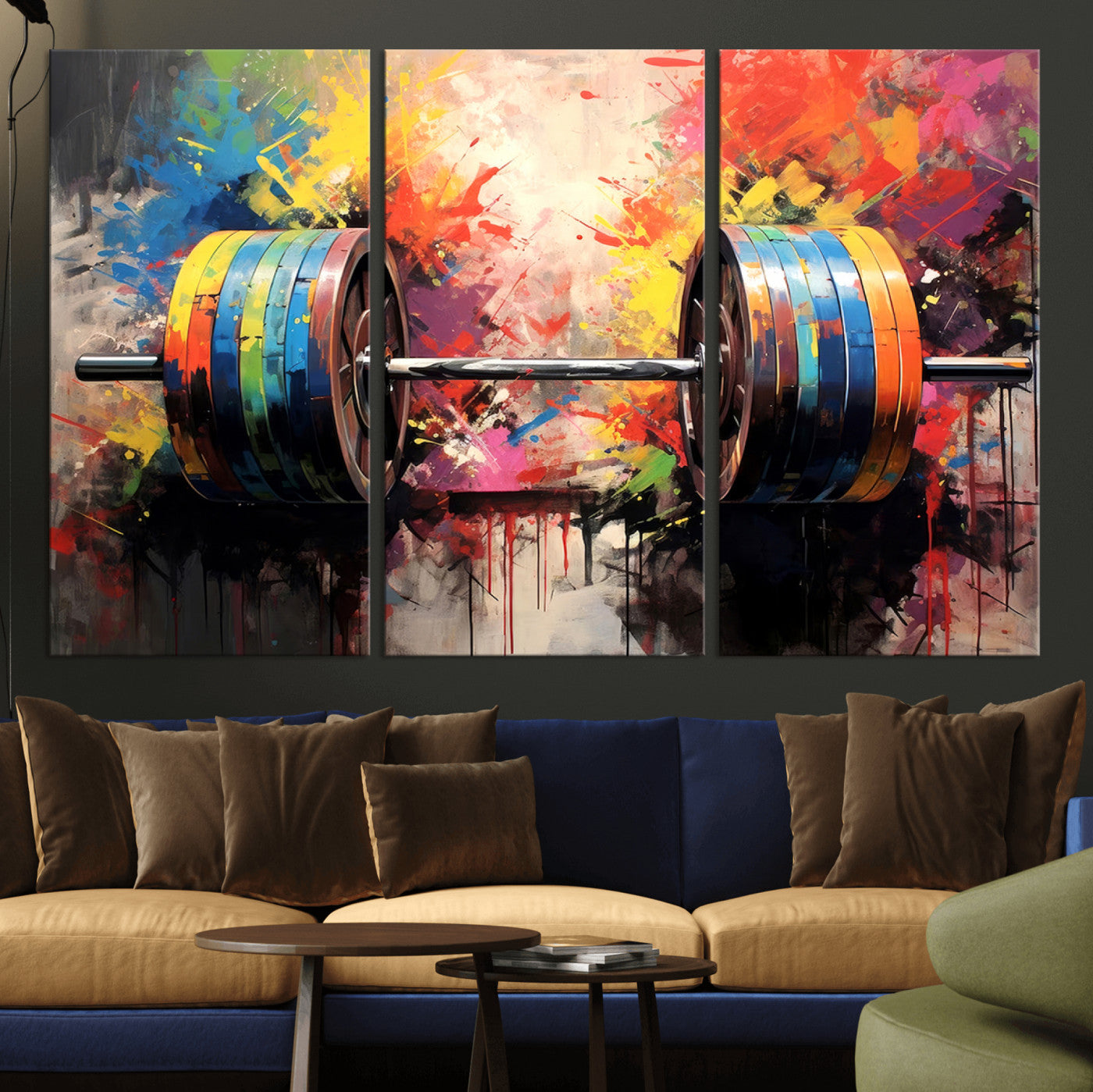 MGV-CV-48X32-3P - Weightlifting Barbell Art Triptych, Bold Abstract Fitness Wall Decor for Gym or Home, Giclee Canvas Print