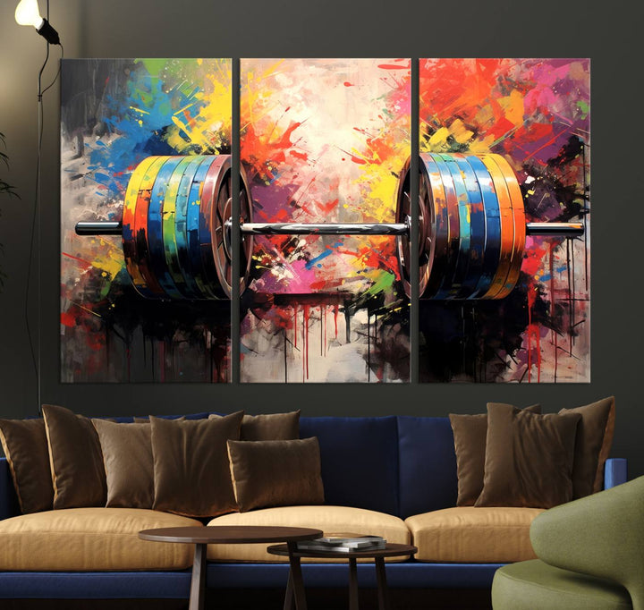 The Weightlifting Barbell Art Triptych hangs prominently on the wall.