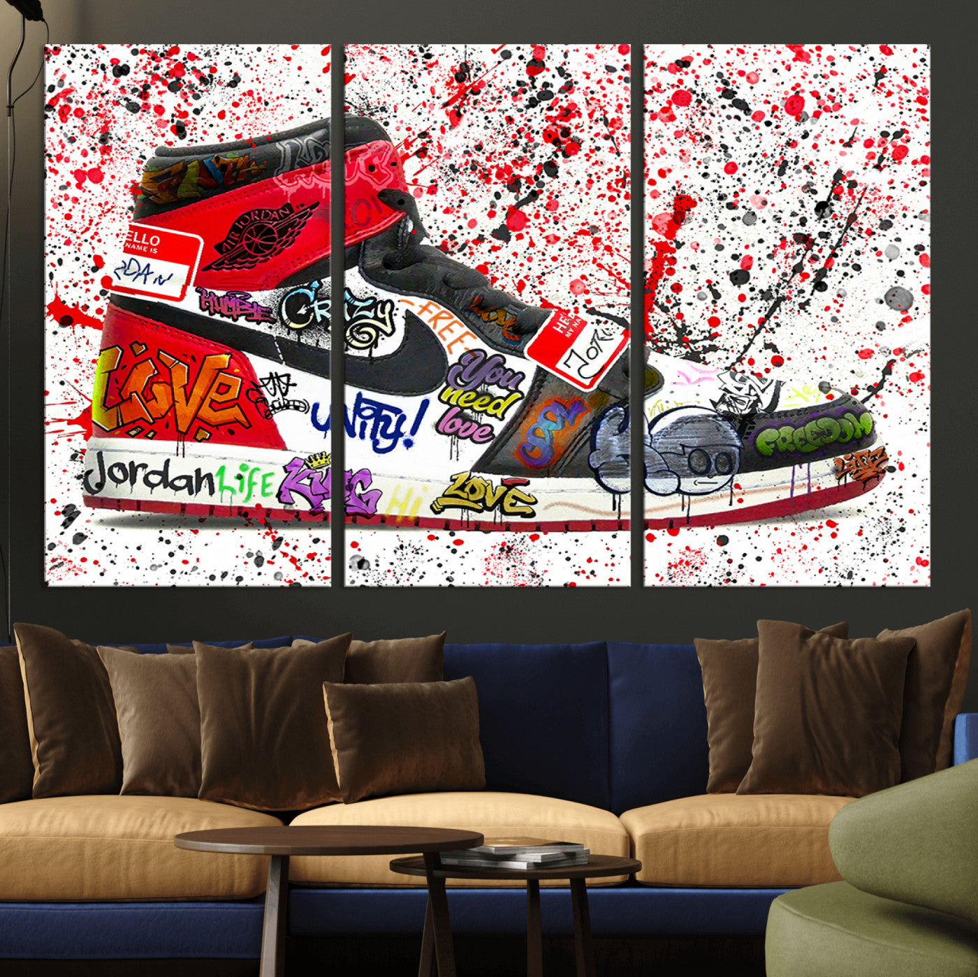 MGV-CV-48X32-3P - Jordan Shoes Graffiti Wall Art Canvas Print- Jordan Graffiti Canvas Wall Art - Framed Perfect for