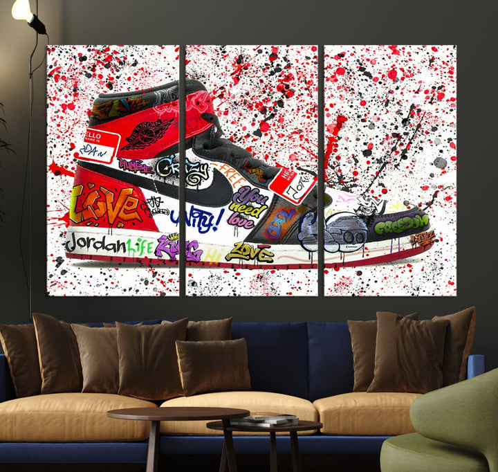 A Jordan Shoes Graffiti Canvas Print hangs prominently, perfect for sneakerheads and urban art lovers.