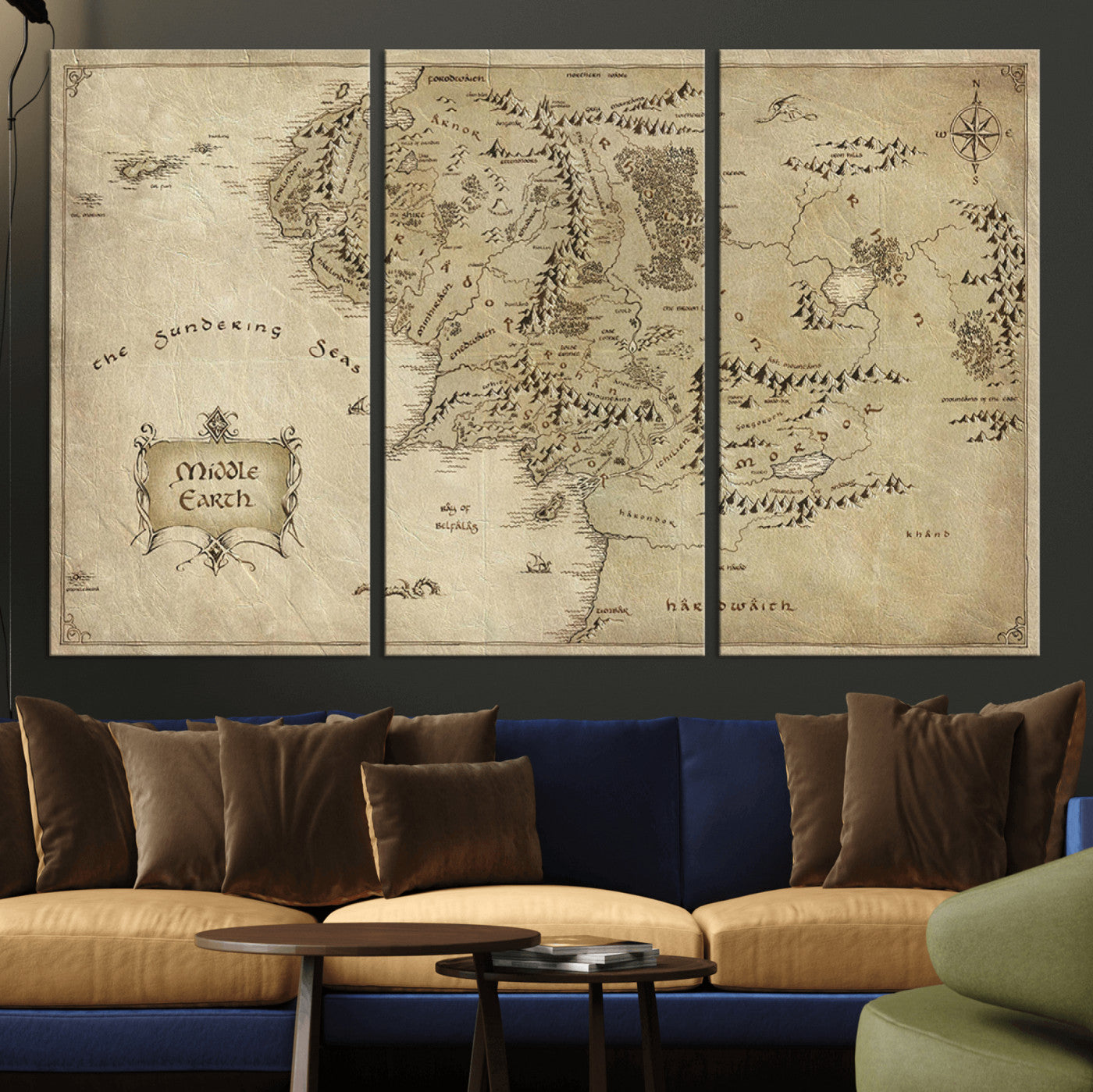 21784-MGV-CV-36X24-Vintage Middle Earth Map Wall Art Canvas – Lord of the Rings Inspired Framed Map Print, Classic Fantasy Decor for Home, Office
