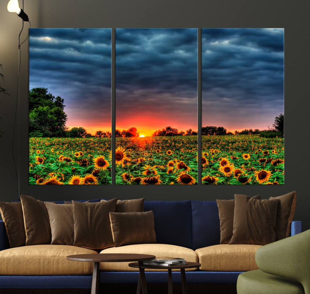 A Golden Sunflower Field at Sunset ready-to-hang wall art canvas print.