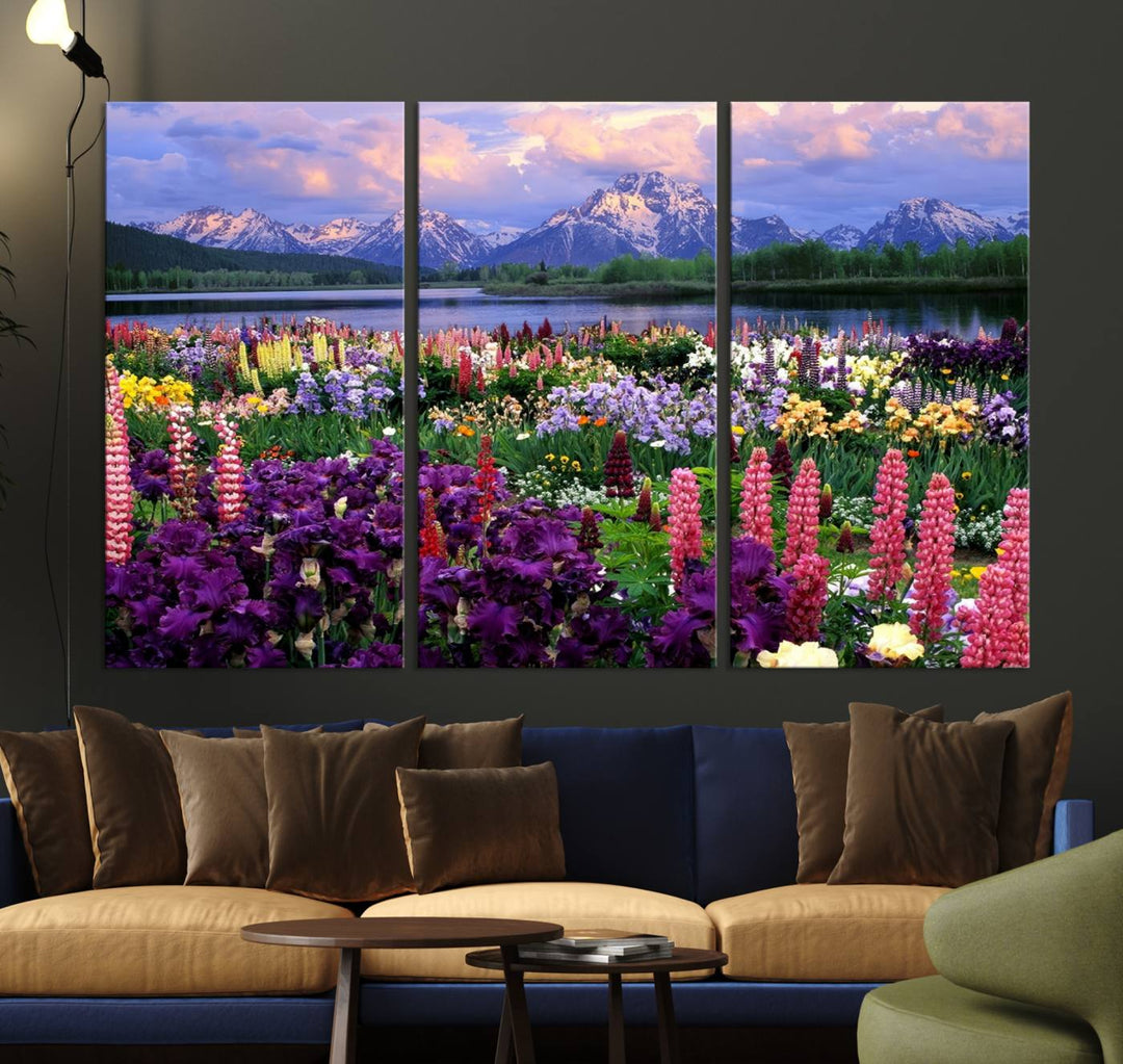 A Vibrant Wildflower Garden and Mountain View Giclee Print is displayed prominently on the wall.