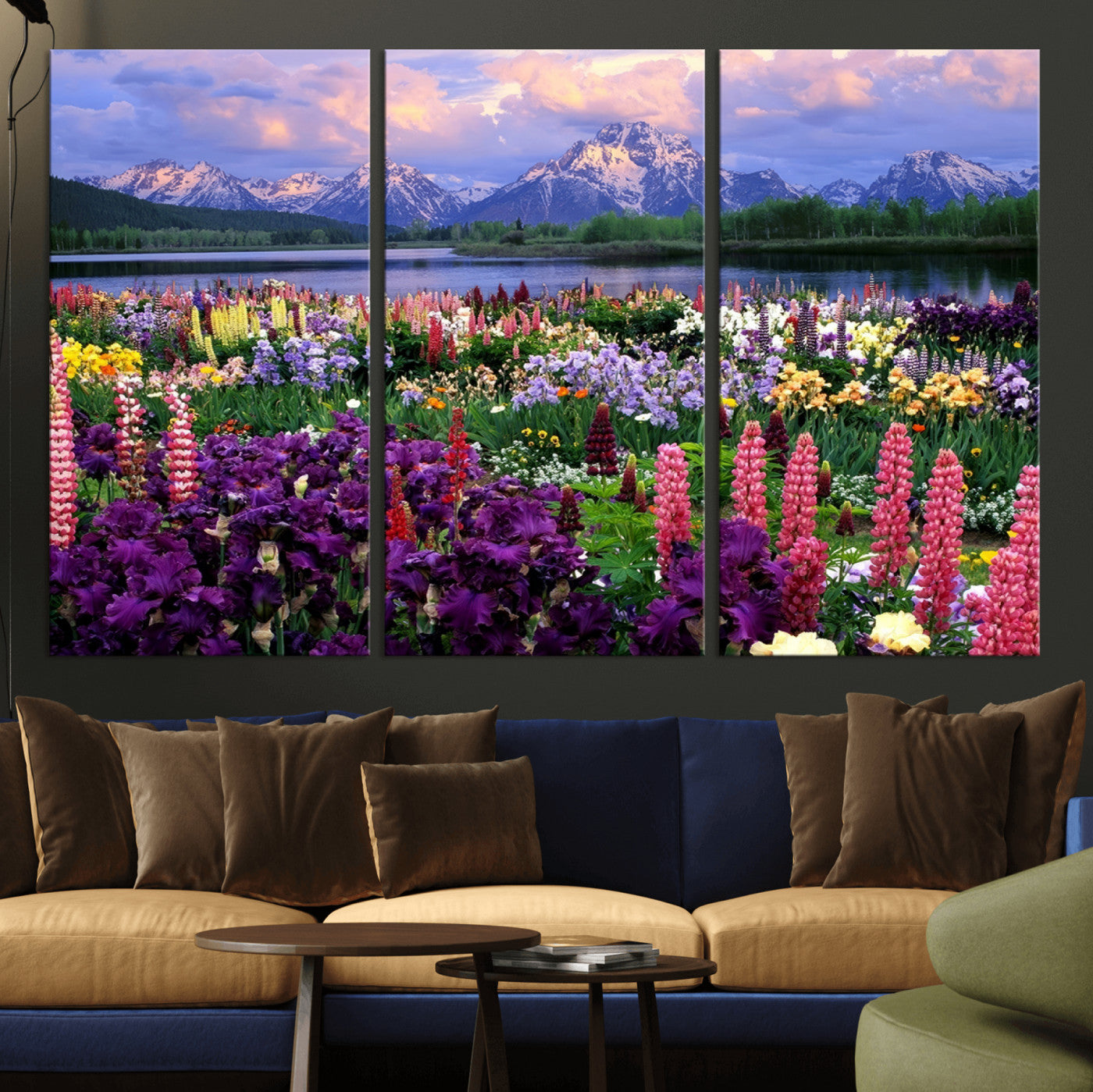 MGV-CV-48X32-3P - Wildflower Canvas Print – Blooming Floral Meadows with Majestic Mountain Backdrop, Ready to Hang