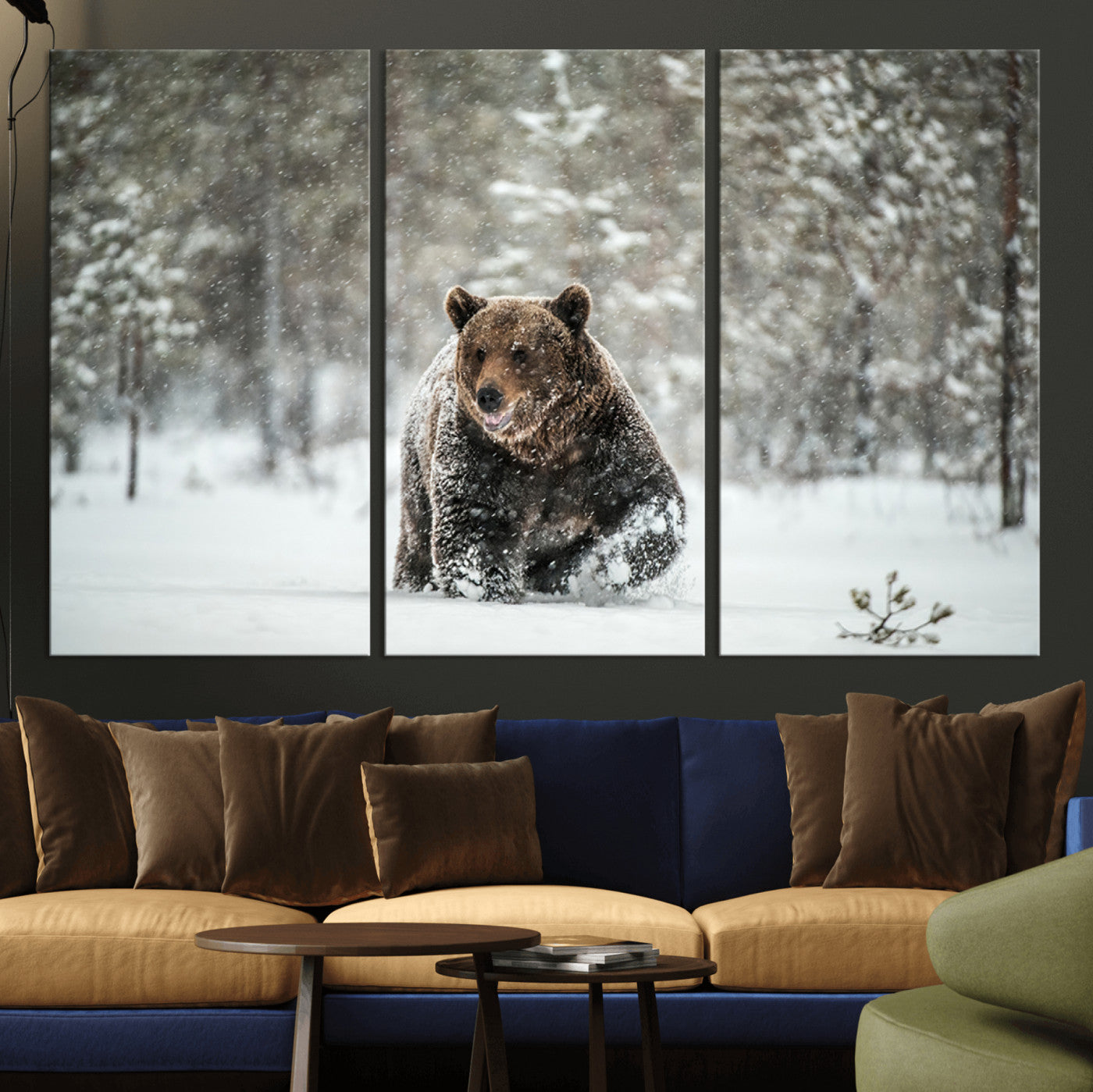A majestic brown bear moves through a snowy forest landscape, surrounded by falling snowflakes, capturing the essence of wildlife in winter.