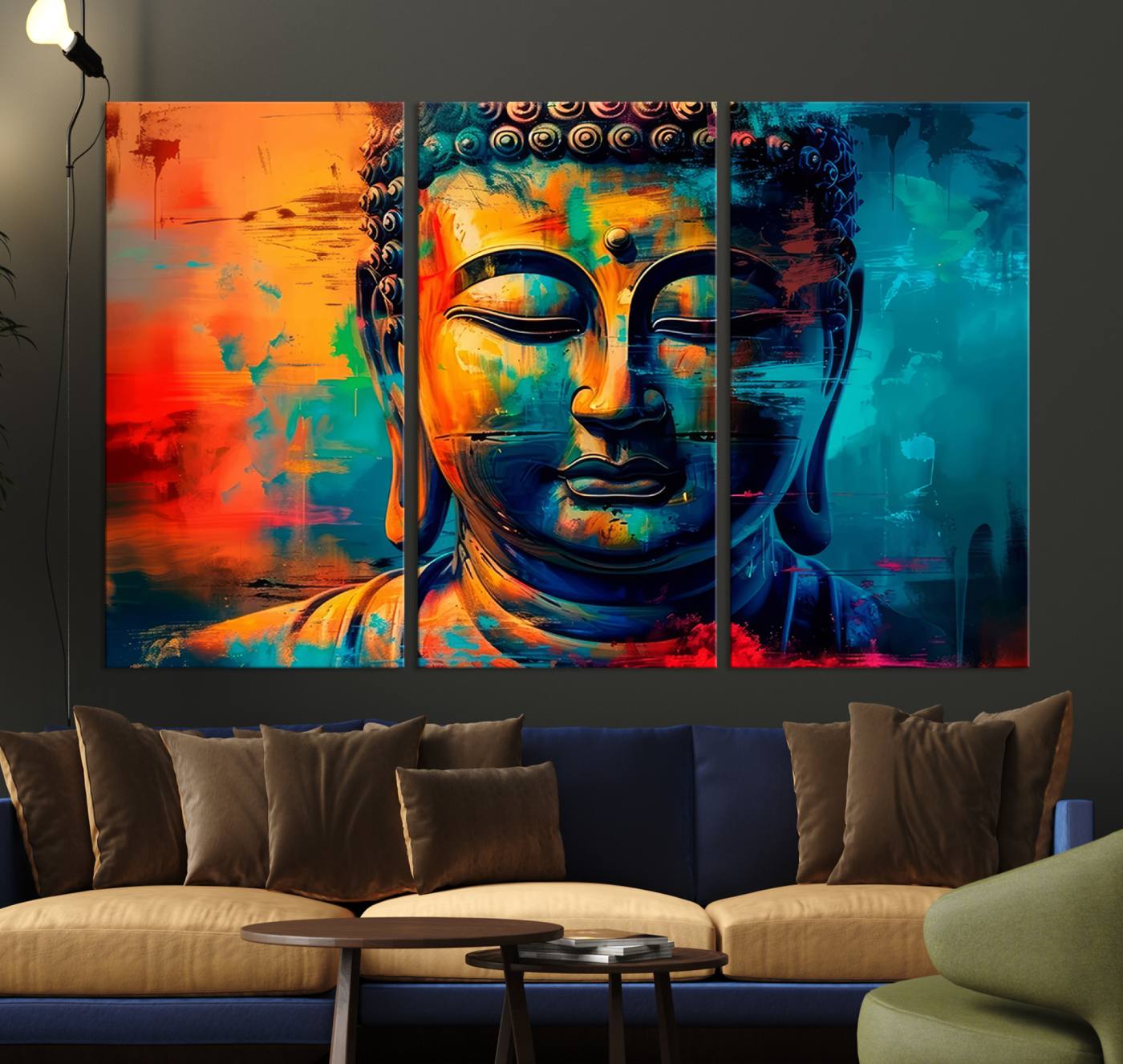 A vibrant, abstract artistic rendition of a Buddha statue face, blending bold and contrasting colors to evoke a sense of peace, spirituality, and enlightenment.