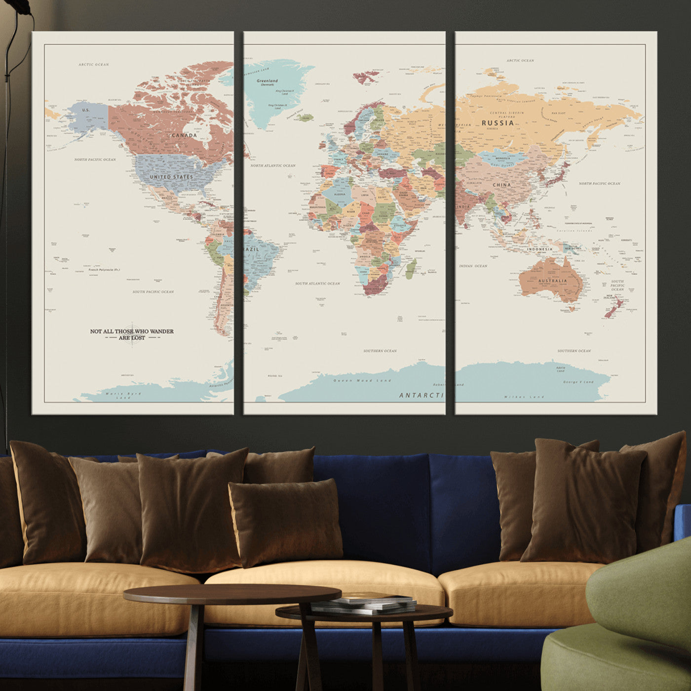 19241-MGV-CV-48X32-3P-World Map Canvas Print – Framed Minimalist Travel Map Wall Art, Neutral Toned Push Pin Map for Home Office or Study Decor