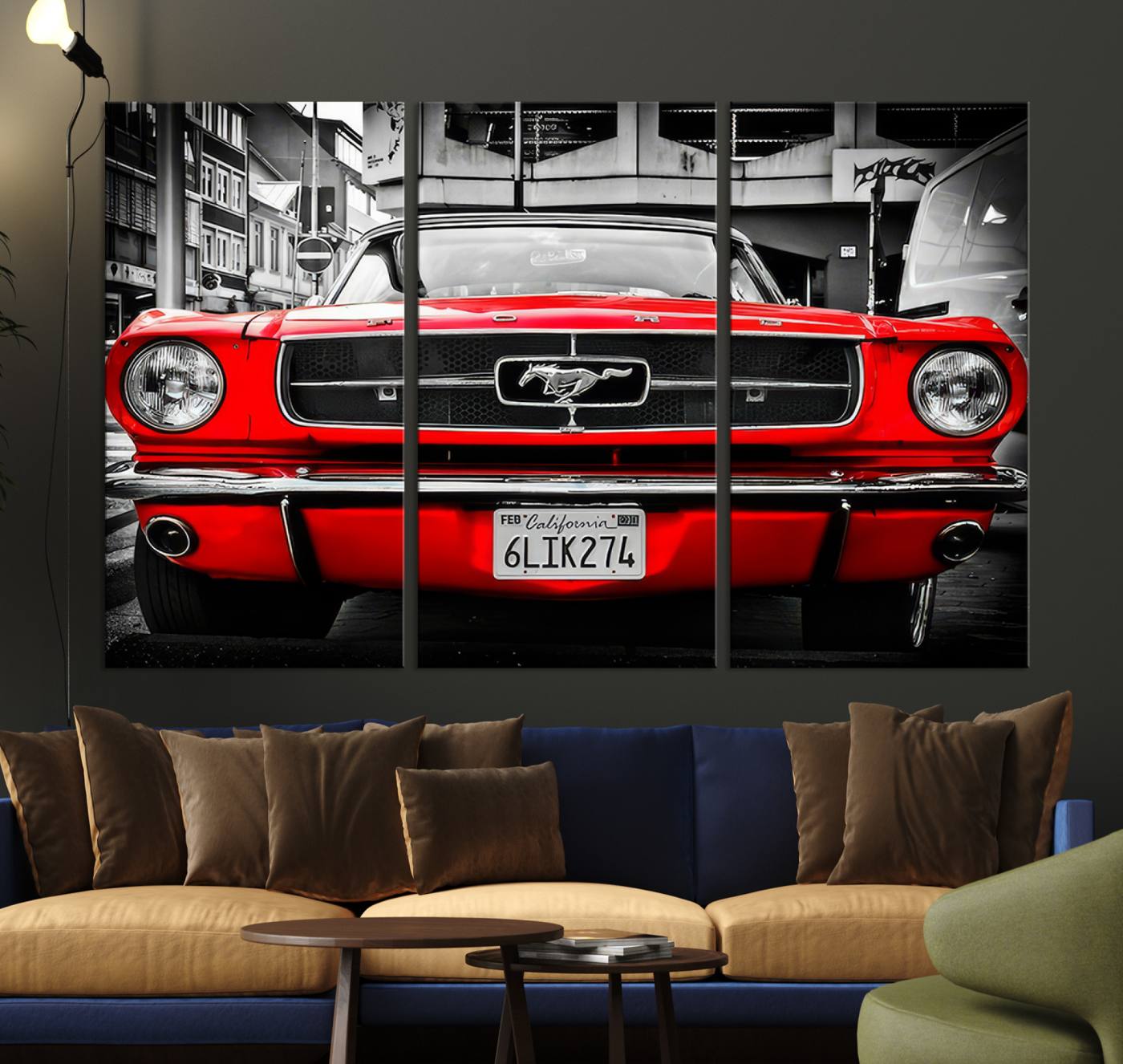 Front view of a bold red 1960s Ford Mustang parked in an urban environment, captured in dramatic contrast with a black-and-white city backdrop, emphasizing its timeless American muscle car identity.