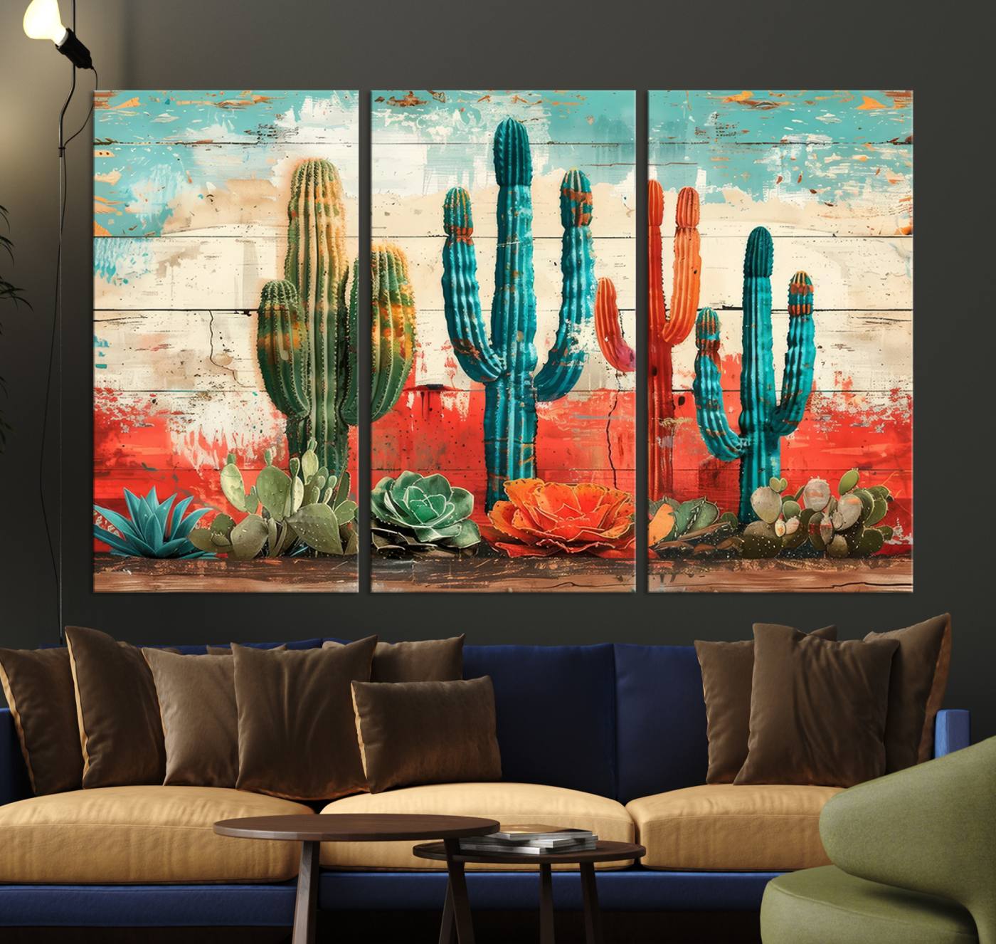A vivid southwestern-style artwork featuring an eclectic mix of cacti and succulents painted against a textured, rustic wood backdrop in rich turquoise, red, and orange hues.