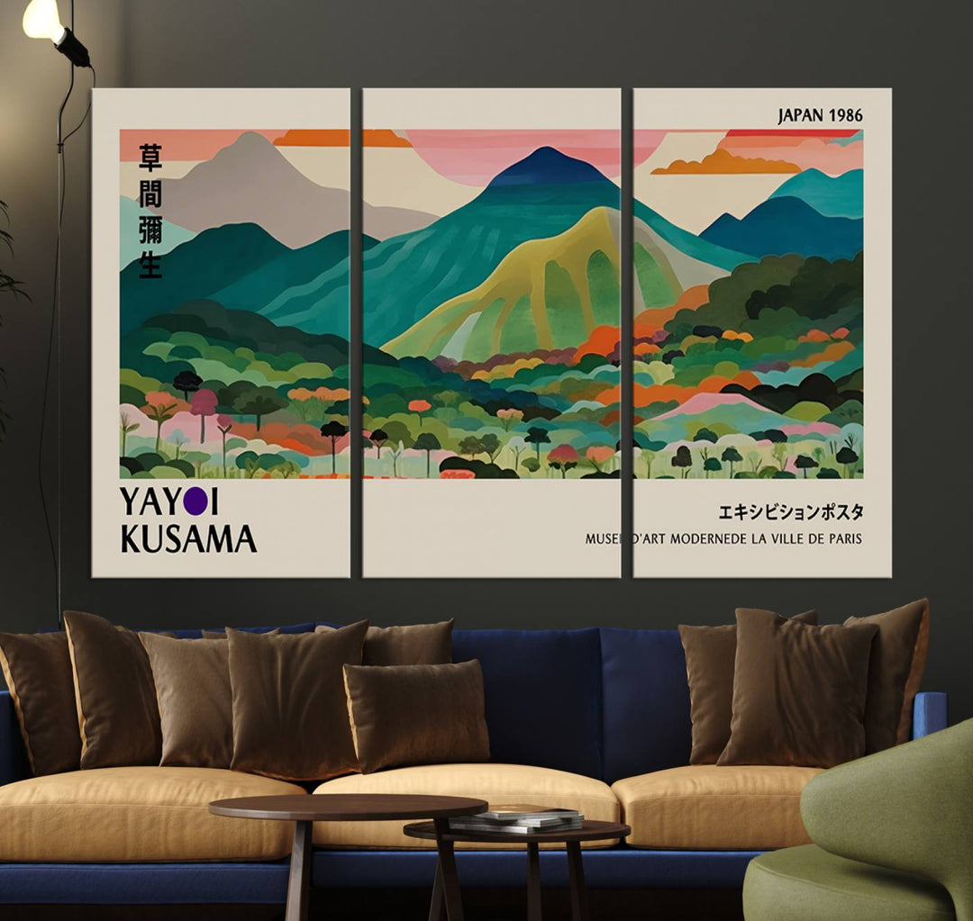 Vibrant Kusama landscape canvas featuring floral mountains and botanical decor, ideal for a modern home.