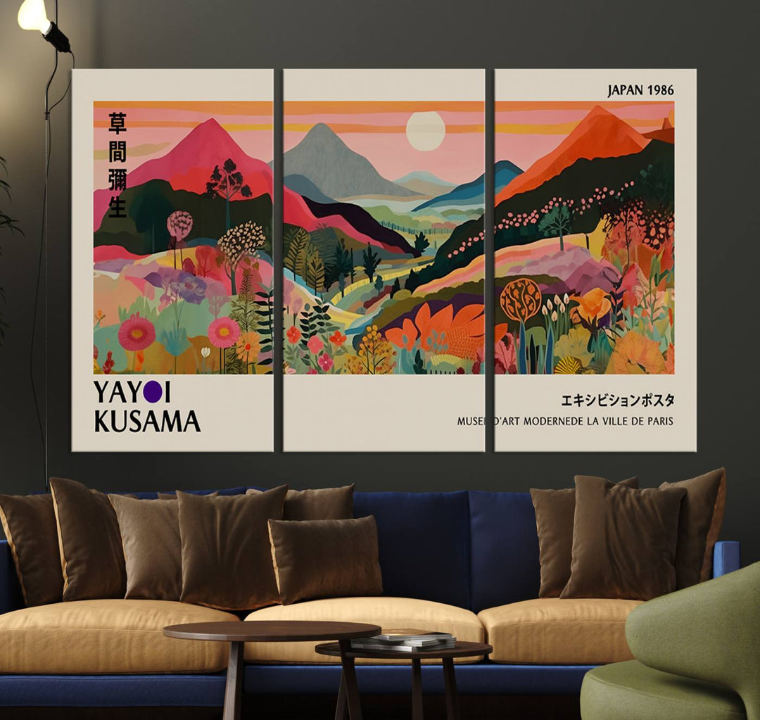 The Yayoi Kusama Landscape Print features vibrant floral mountains with abstract designs, ideal for modern decor.